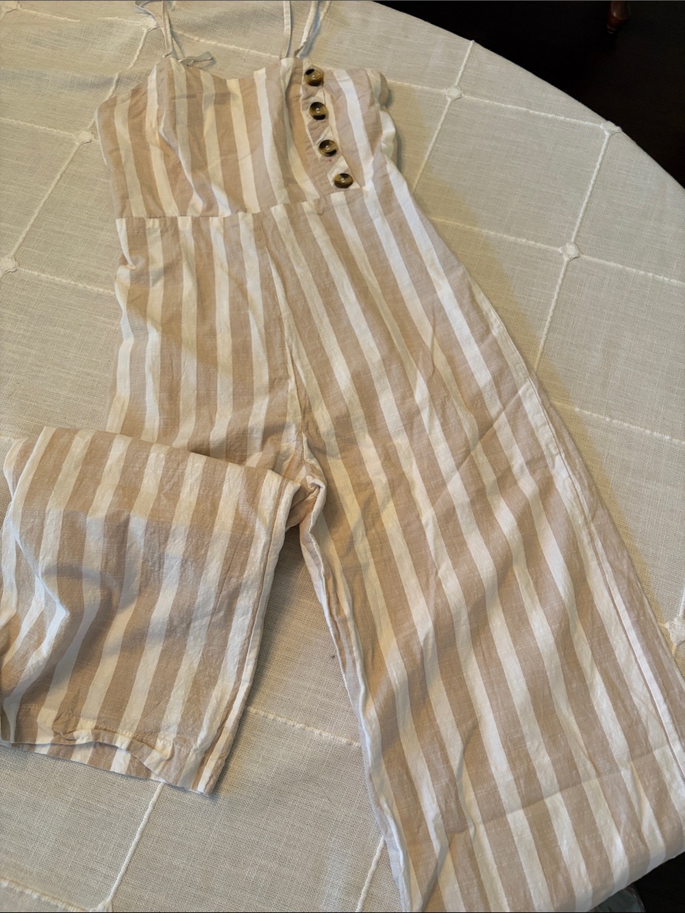 Japna Beige and White Striped Linen Jumpsuit